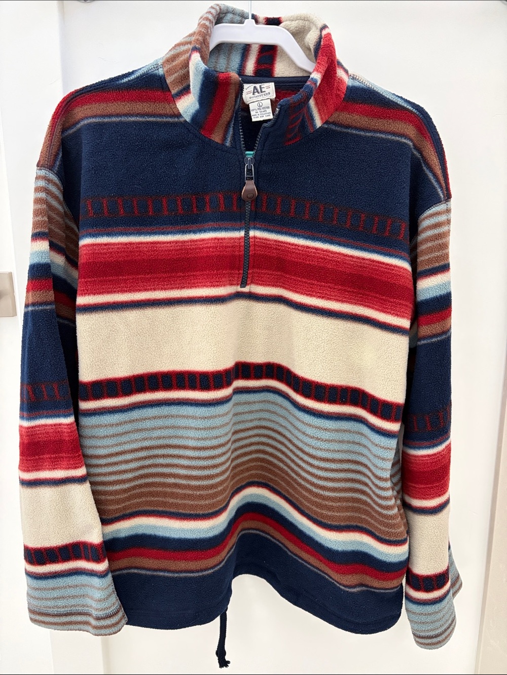 American Eagle Outfitters Navy, Red & Cream Striped Half-Zip Fleece Pullover